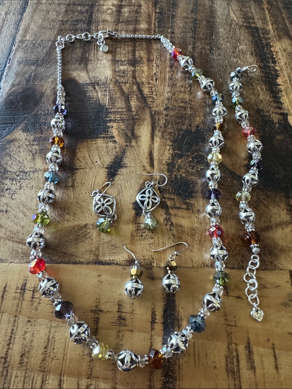 Multicolor Crystal & Silver Bead Necklace, Bracelet & Earring Set